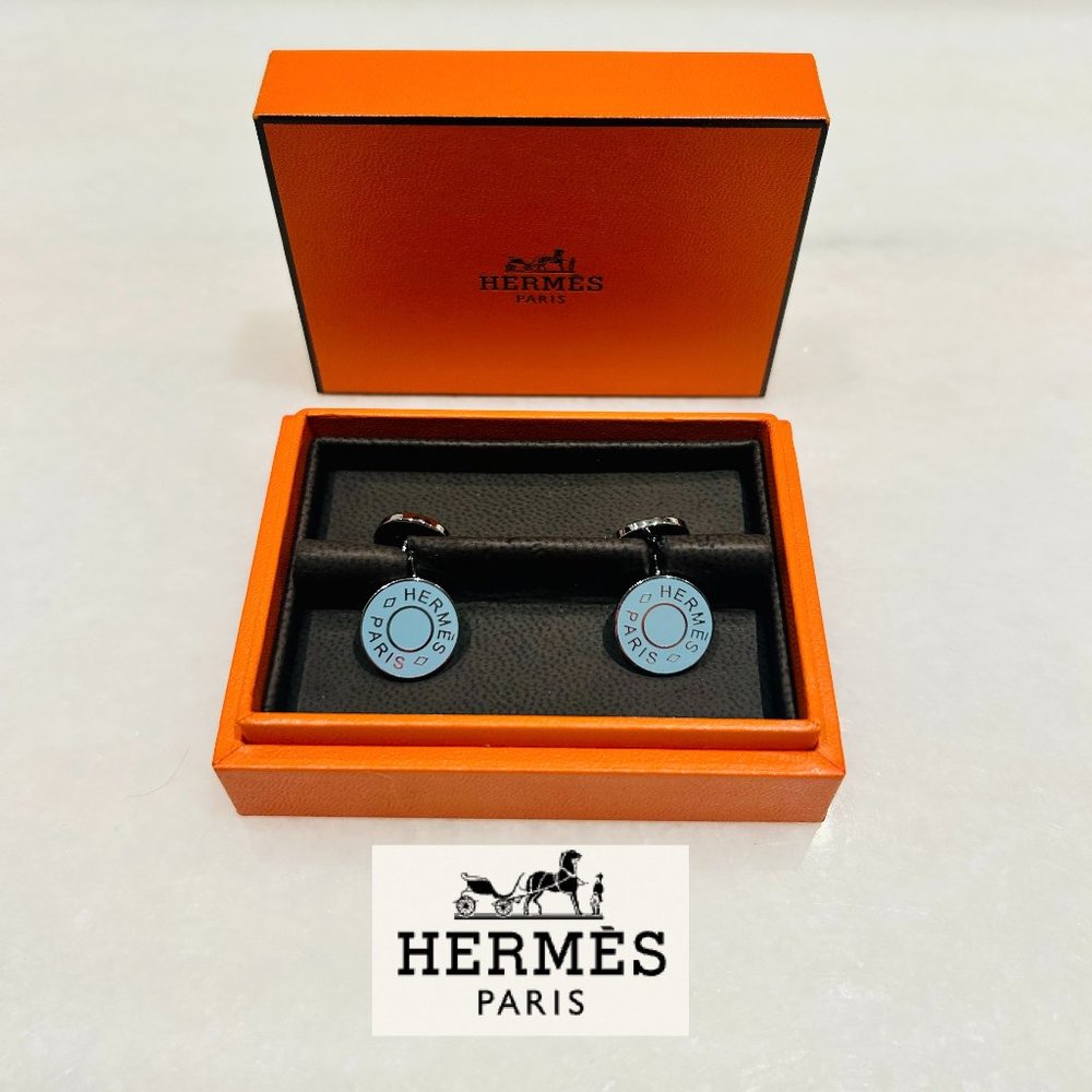 HERMES Licol 2 / Serie Button Motif Cufflinks in Bleu Lin